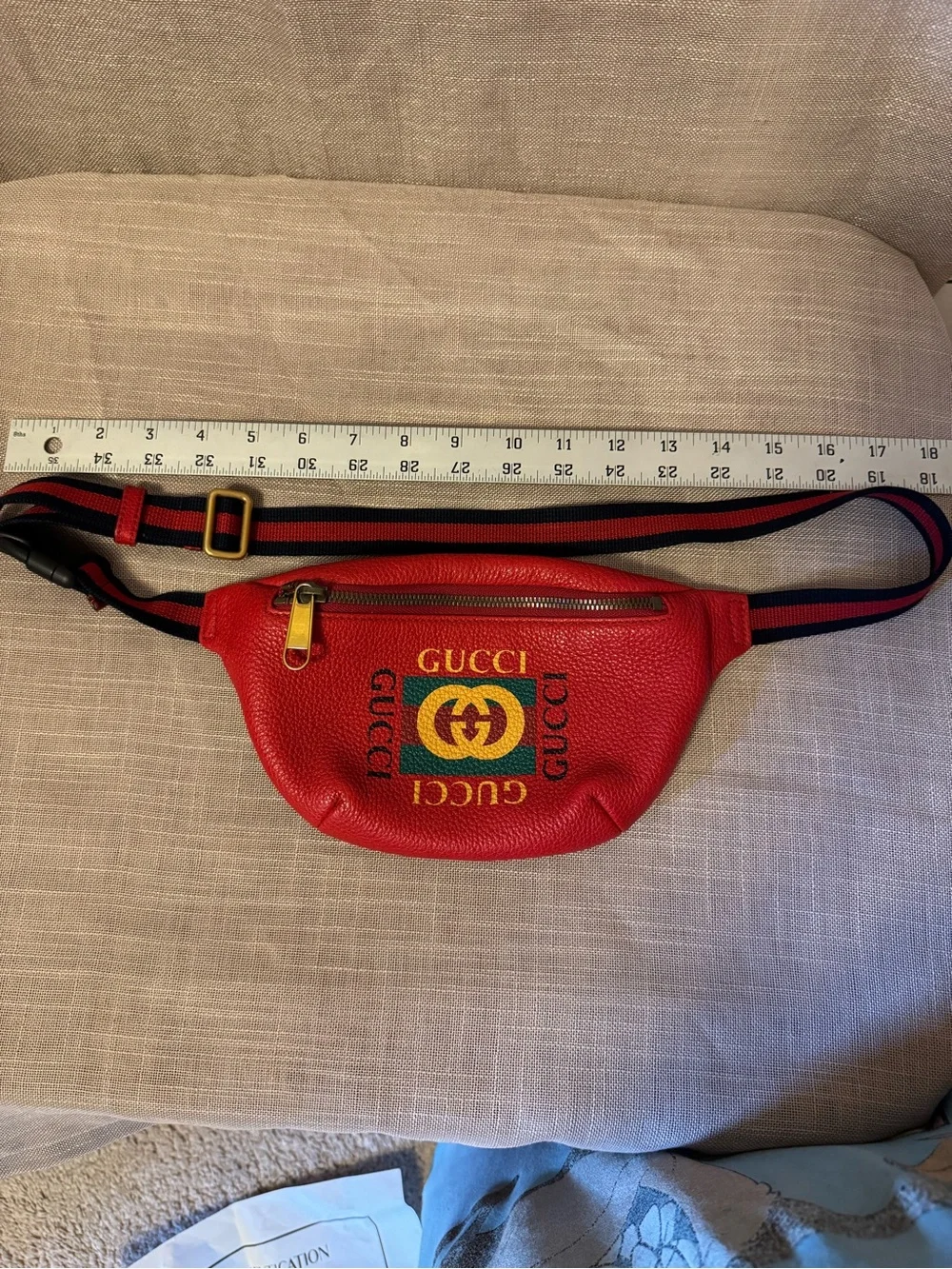 Gucci Red Leather Belt Bag with Green and Yellow Logo